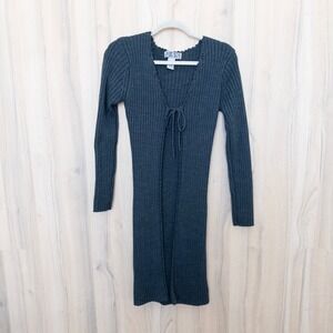 Vintage Womens Long Cardigan M Charcoal Grey Ribbed Tie Front Y2K 90s Minimalist